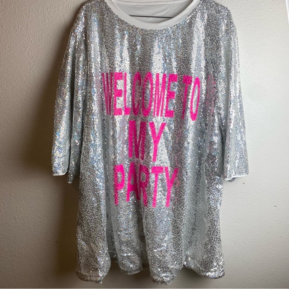 Plus size silver sequin oversized shirt PINK welcome to my party 3X dress S M L - Picture 3 of 7